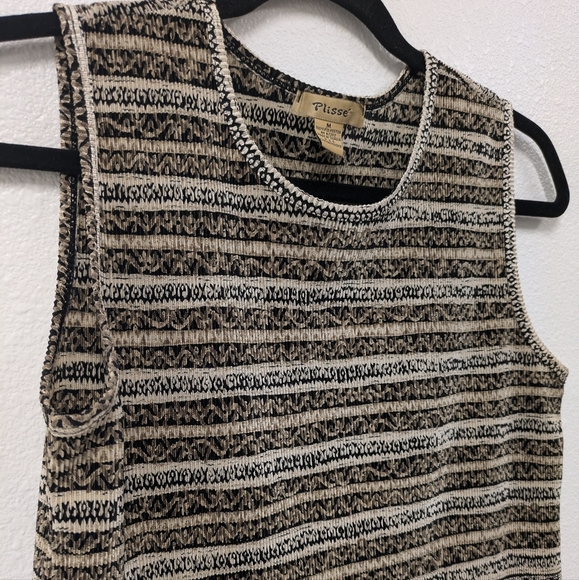 Vintage Y2K Crinkle Pleat Geometric Aztec Neutral Tank Top sz M - Picture 3 of 7